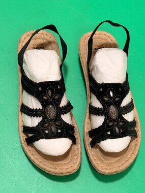 Earth Spirit Gelron Women's Bohemian Boho Black leather Slingback Sandals sz 9